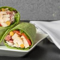 Chop Wrap With Chicken · Romaine lettuce, red onions, tomatoes, salami, olives, garbanzo beans, provolone cheese, bal...