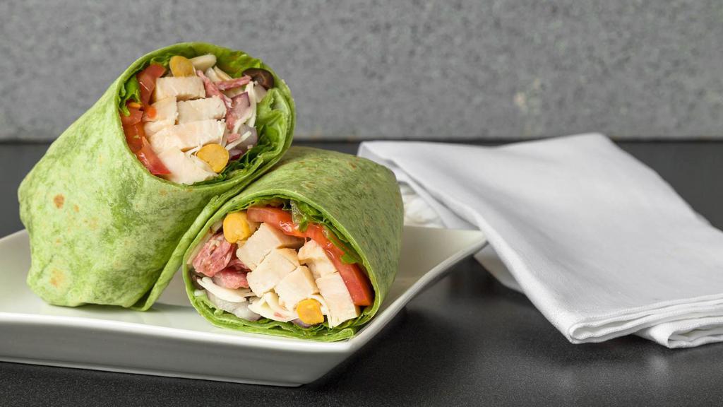 Chop Wrap With Chicken · Romaine lettuce, red onions, tomatoes, salami, olives, garbanzo beans, provolone cheese, balsamic dressing in a flour wrap.