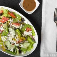 Greek (Small) · Romaine lettuce, feta cheese, cucumbers, tomatoes, pepperoncini, onions, black olives and ba...