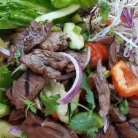 Beef Salad · Grilled beef, onion, tomato, bell pepper, tomato, cucumber, cilantro and green onion in chil...