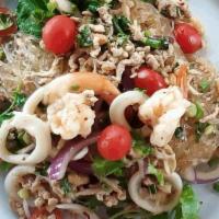 Glass Noodle Salad · ground chicken, glass noodle, shrimp, squid, tomato, peanut, red onion, green onion and cila...