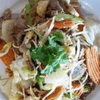 Pad Woon Sen · Glass noodle, egg, onion, green onion, cabbage, mushroom, celery, carrot, tomato and beanspr...