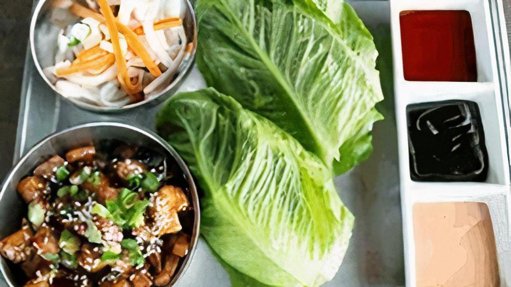 Lettuce Wraps Diy · Choice Of Protein, Romaine Lettuce, Pickled Daikon,.  Cucumbers, Carrots, Sauces On The Side.  + Curry Tofu (V).  + Hoisin Pork Belly.  + Cashew Chicken