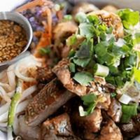 Vietnamese Vermicelli Noodle Bowl · Crispy Imperial Roll, Grilled Pork, Lettuce, Peanuts, Bean. Sprouts, & Fresh Herbs