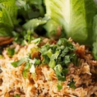 Khao Nam Tod · crispy rice salad: made with fried marinated rice,. ground thai sausage, shallots, ginger, &...