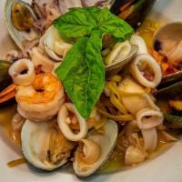 Frutti Del Pescatore · Shrimp, scallops, squid, clams, and mussels, sautéed in EVOO, garlic and wine, then tossed w...