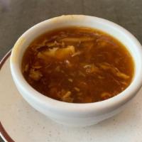Hot & Sour Soup 酸辣湯 · Hot and spicy. Egg, mushroom, tofu, bamboo shoot, and a vegetarian soup base.