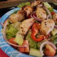 Chicken Salad · 2 skewers of grilled chicken served on lettuce, tomato, cucumber, red onion, bell pepper, le...