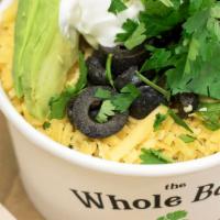 Bambino Bowl (12 Oz) · The whole bowl is brown rice, black and red beans, Tillamook cheddar, sour cream, cilantro, ...
