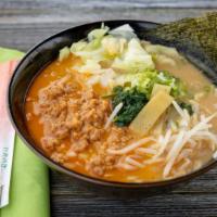 Miso Chicken Ramen · Chicken  broth ,Spinach,onion, green onion,bamboo shoots, dry seaweed, spicy miso ground chi...