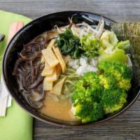 Vegan Miso · Vegetable based soup ,Spinach,onion, green onion,bamboo shoots, dry seaweed, cabbage,bean sp...