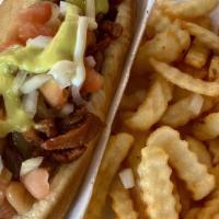 Sonoran Style Hot Dog Combo · Hot dog, bun, grilled onions, avocado spread, pinto beans, tomato, fresh onions, bacon and m...