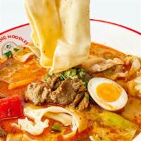 Mala Spicy Beef Soup Noodles · Spicy & tingly beef on top of hand-pulled noodles with pork bone broth