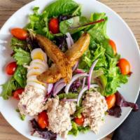 Salad Nicoise · Mixed greens, albacore tuna, tomato, red onion, hard-boiled eggs, artichoke, potato and kala...