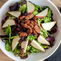 Pecan Pear Salad · Spring mix, dried cranberries, pears, pecans and balsamic dressing.
