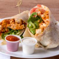 Buffalo Chicken Wrap · Fried chicken breast, buffalo sauce, ranch dressing, lettuce, tomato, onion and flour tortil...