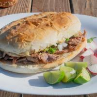 Carne Asada Torta · Homemade Mexican sandwich prepared with toasted Telera Bread grilled with butter, and topped...