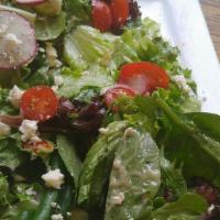 Flatiron Salad · Mixed greens, cucumber, tomato, hard-boiled egg, radish, niçoise olive, green beans, feta, c...