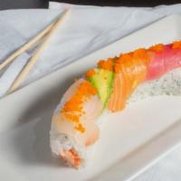 Rainbow · Crab stick, cucumber, salmon, tuna, tilapia, avocado, sesame seeds.