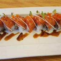 Super Spider Roll · In: Soft Shell Crab, Avocado
Top: Salmon, Spicy Tuna