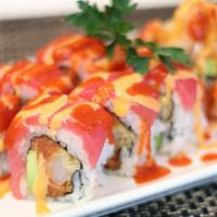 Tiger Roll · In: Spicy Tuna, Shrimp Tempura, Avocado
Top: Fresh Tuna