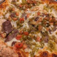 Avondale Pizza · Alfredo sauce, strips of top sirloin, fire-roasted pueblo chilis topped with pico de gallo.