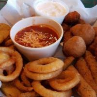 Fried Sampler · Deep-fried mushrooms, onion rings, cheese sticks, poppers, spicy green beans, and fried pick...