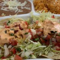 Fish Taco Plate · 2 Regular regular size tacos with rice and beans