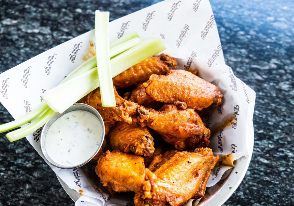 Buffalo Chicken Wings · Celery sticks and blue cheese.