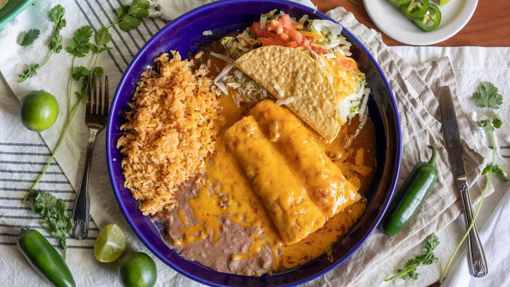 Two Item Combo · Served with rice and beans. Choose from: enchilada, burrito, taco, tamale, chile relleno (authentic poblano chile relleno handcrafted by our chef $2.99 add) (omelette style).