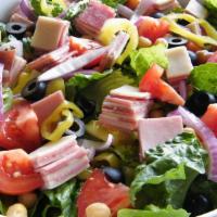 Antipasto (160 Ounces) · Romaine,
Spring Mix,
Mortadella,
Salami,
Pepperoncini,
Red Onion,
Tomatoes,
Cucumbers,
Provo...