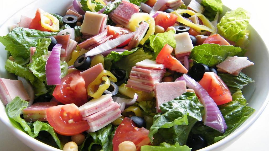 Antipasto (160 Ounces) · Romaine,
Spring Mix,
Mortadella,
Salami,
Pepperoncini,
Red Onion,
Tomatoes,
Cucumbers,
Provolone,
Italian Dressing