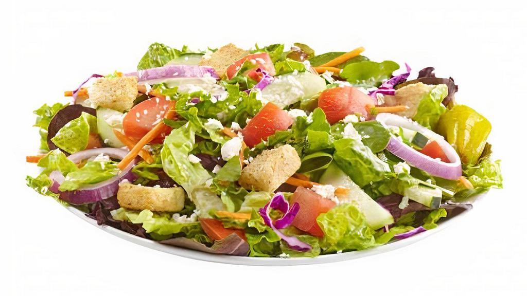 House (160 Ounces) · Romaine,
Spring Mix,
Red Onion,
Pepperoncini,
Carrots & Cabbage,
Tomatoes,
Cucumbers,
Feta Cheese,
Balsamic Dressing