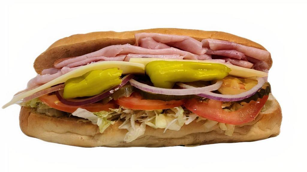 Ham & Cheese · Ham,
Swiss Cheese,
Mayo,
Mustard,
Lettuce, 
Tomatoes,
Red Onions,
Pickles,
Pepperoncini