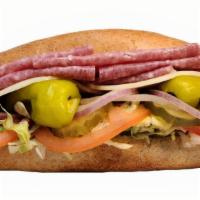 Salami & Cheese · Salami, 
Provolone Cheese, 
Mustard,
Lettuce, 
Tomatoes,
Red Onions,
Pickles,
Pepperoncini