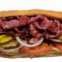 Pastrami (Hot) · Pastrami,
Mustard,
Lettuce, 
Tomatoes,
Red Onions,
Pickles,
Pepperoncini