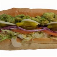 Avocado & Cheese · Avocado,
Provolone Cheese,
Mayo,
Lettuce, 
Tomatoes,
Red Onions,
Pickles,
Pepperoncini