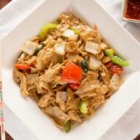 Pad Kee Mao (Drunken Noodle) · Wide rice noodles stir fried with choice of meat, egg, fresh ground chili, bell peppers,    ...