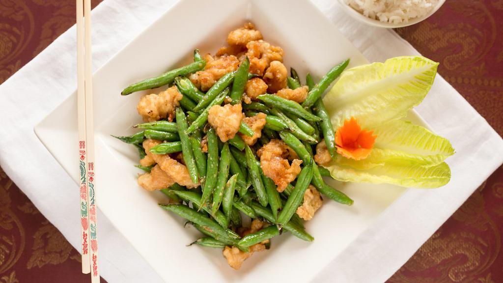 Dancing String Bean · Sautéed fried string bean with crunchy marinated chicken in special sauce