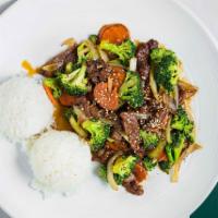 Broccoli Beef · Comes with rice and salad.