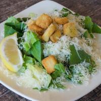 Side Caesar Salad · Fresh romaine, Caesar dressing, fresh-grated parmesan cheese and seasoned croutons