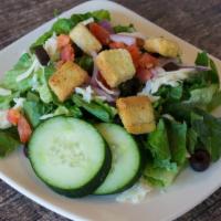 Side House Salad · Fresh romaine, provolone and mozzarella cheese, black olives, cucumbers, sliced red onions, ...