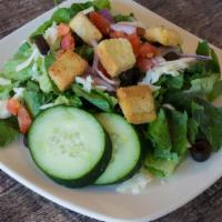 Entrée House Salad · Fresh romaine, provolone and mozzarella cheese, black olives, cucumbers, sliced red onions, ...
