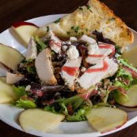Entrée Chicken Raspberry Pecan · Spring greens, oven-roasted chicken breast, craisins, candied pecans, bleu cheese crumbles, ...