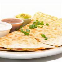 Quesadilla · Cheddar jack cheese, fresh onions and tomatoes. With salsa, sour cream and guacamole Add ste...