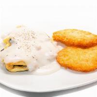Sausage Lovers Omelet · Three egg omelet topped with sausage gravy. Comes with toast and with hash browns.