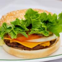 Cheeseburger · 100% all beef 1/4lb charbroiled patty. Served with tomato, lettuce, pickles, onion, and mayo...