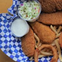Chicken Tender Basket · Four pieces of breaded chicken tenders with French fries, onion rings and homemade coleslaw....