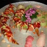 Valentine Roll · Tempura shrimp, crabmeat inside, top tuna, salmon, avocado, spicy mayo sauce, eel sauce, tob...