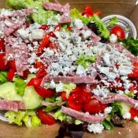 Sicilian Salad · Organic mixed greens, cherry tomatoes, cucumbers, sweet roasted red peppers, Gorgonzola chee...
